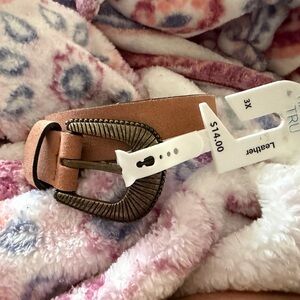 Time and Tru Tan Leather Belt with Bronze Buckle